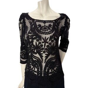 Black Sheer Mesh Top Embroidered Floral Blouse Whimsigoth Victorian Boatneck